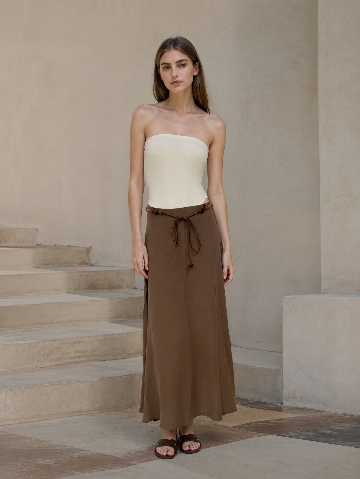 Linen-Blend A-Line Skirt with Beaded Belt AN-620050