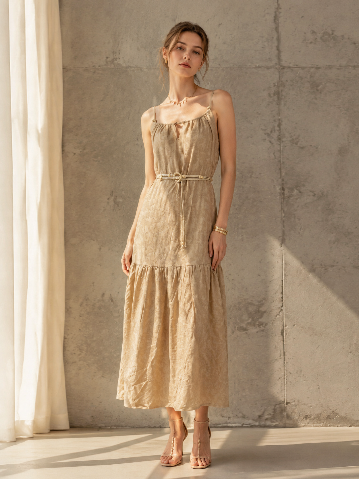 Minimalist Beaded Belted Tiered Maxi Dress - Premium Boho Chic Fashion AN-620053