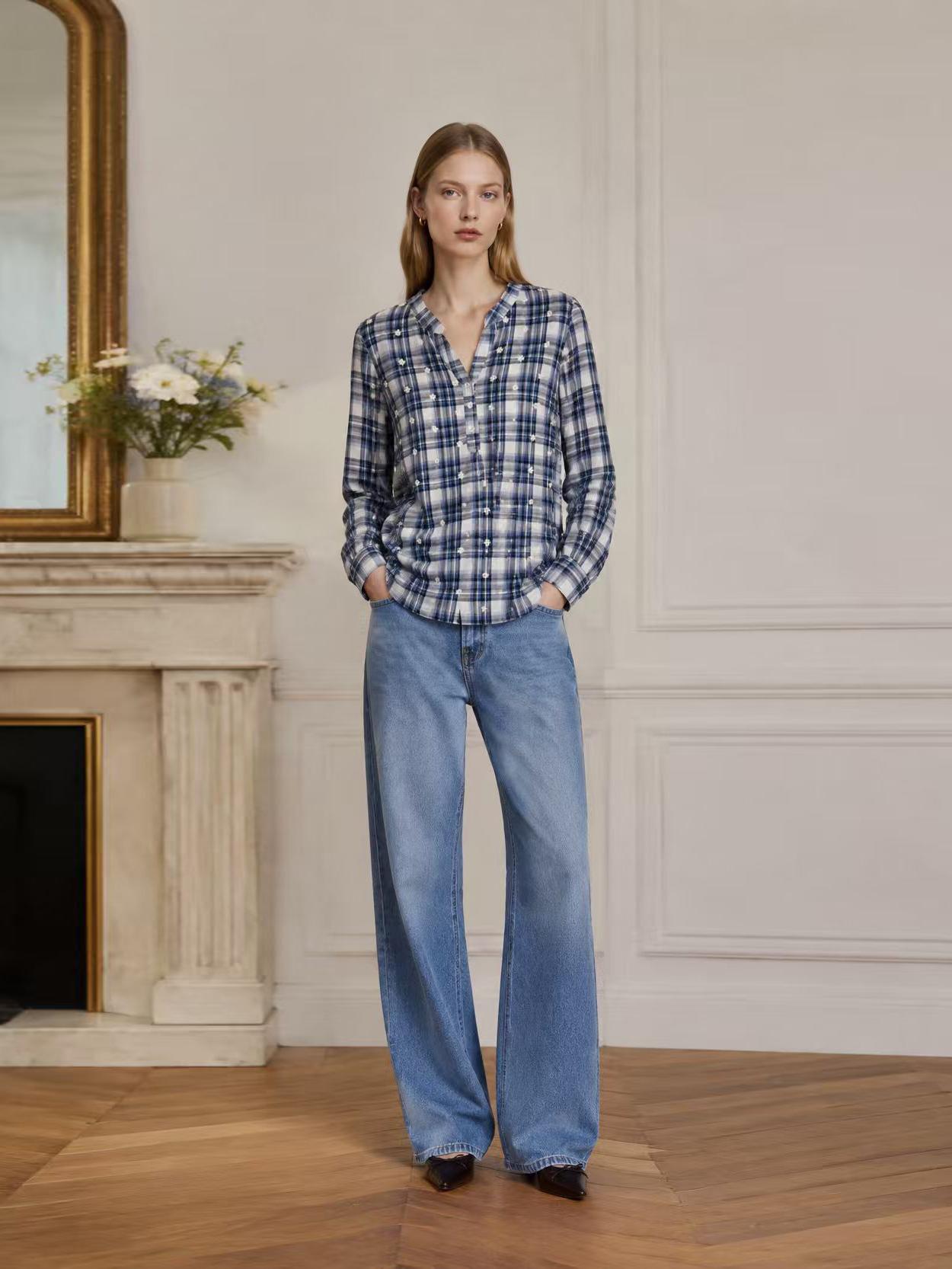 Blue & White Plaid Blouse with Floral Embroidery AN-710025