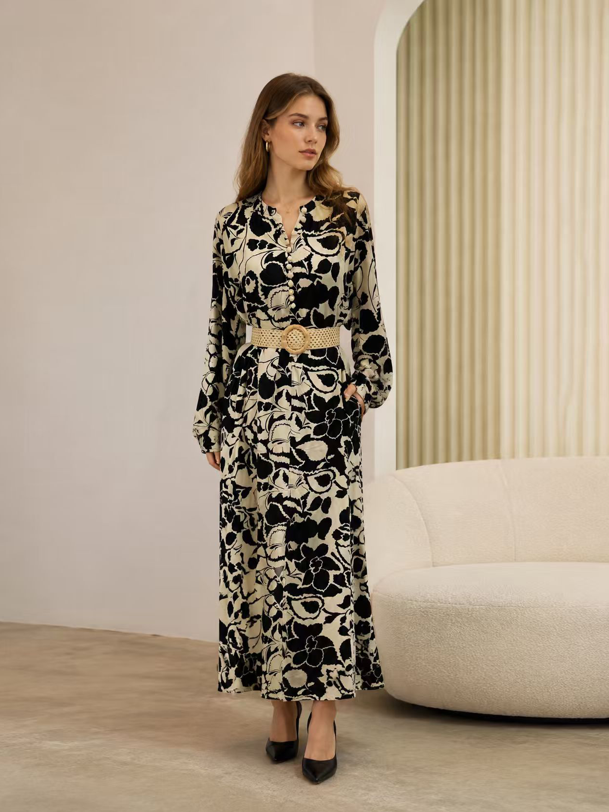 Elegant  Floral Print Midi Dress - Puff Sleeve Belted Dress AN-710026