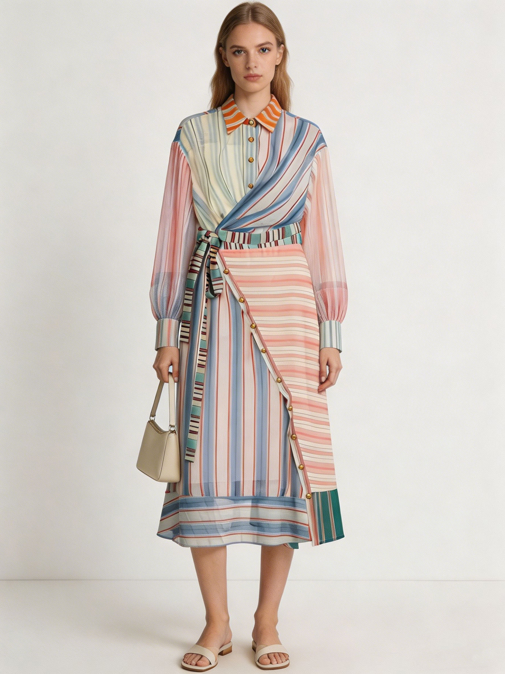 Women’s Striped Chiffon Belted Wrap Shirt Maxi Dress LA-030413