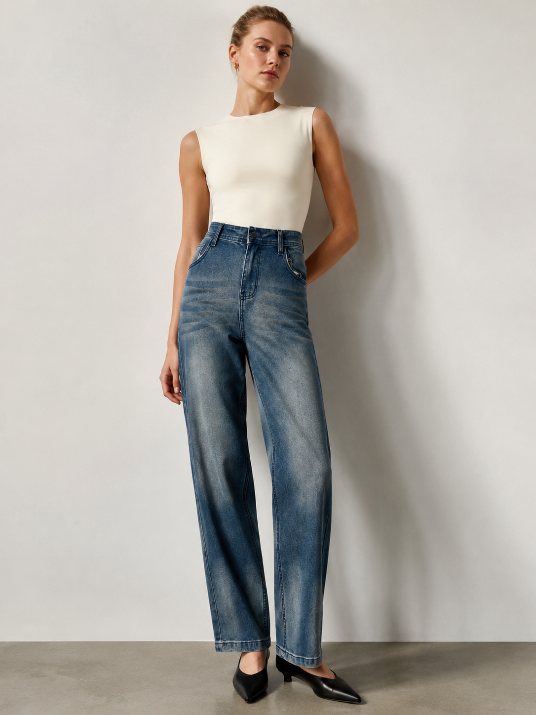 Women's Vintage Wash High Waist Straight Denim Jeans Classic Streetwear Pants ZY5026