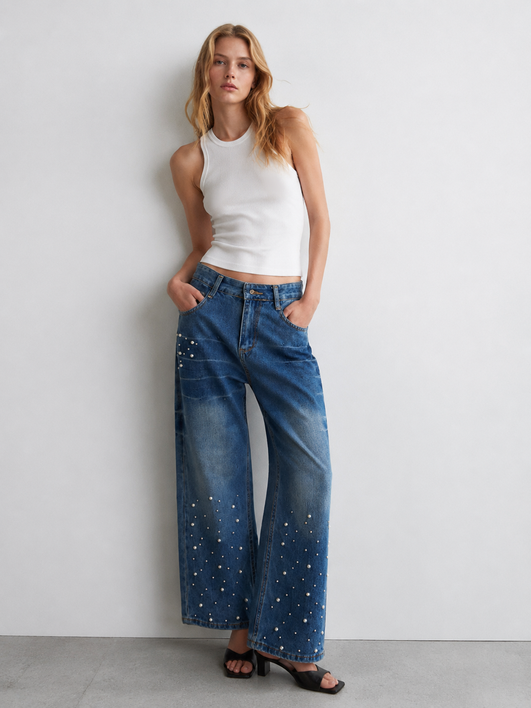 Vintage Wash Pearl Beaded Wide Leg Jeans High Waist Fashion Denim ZY5102