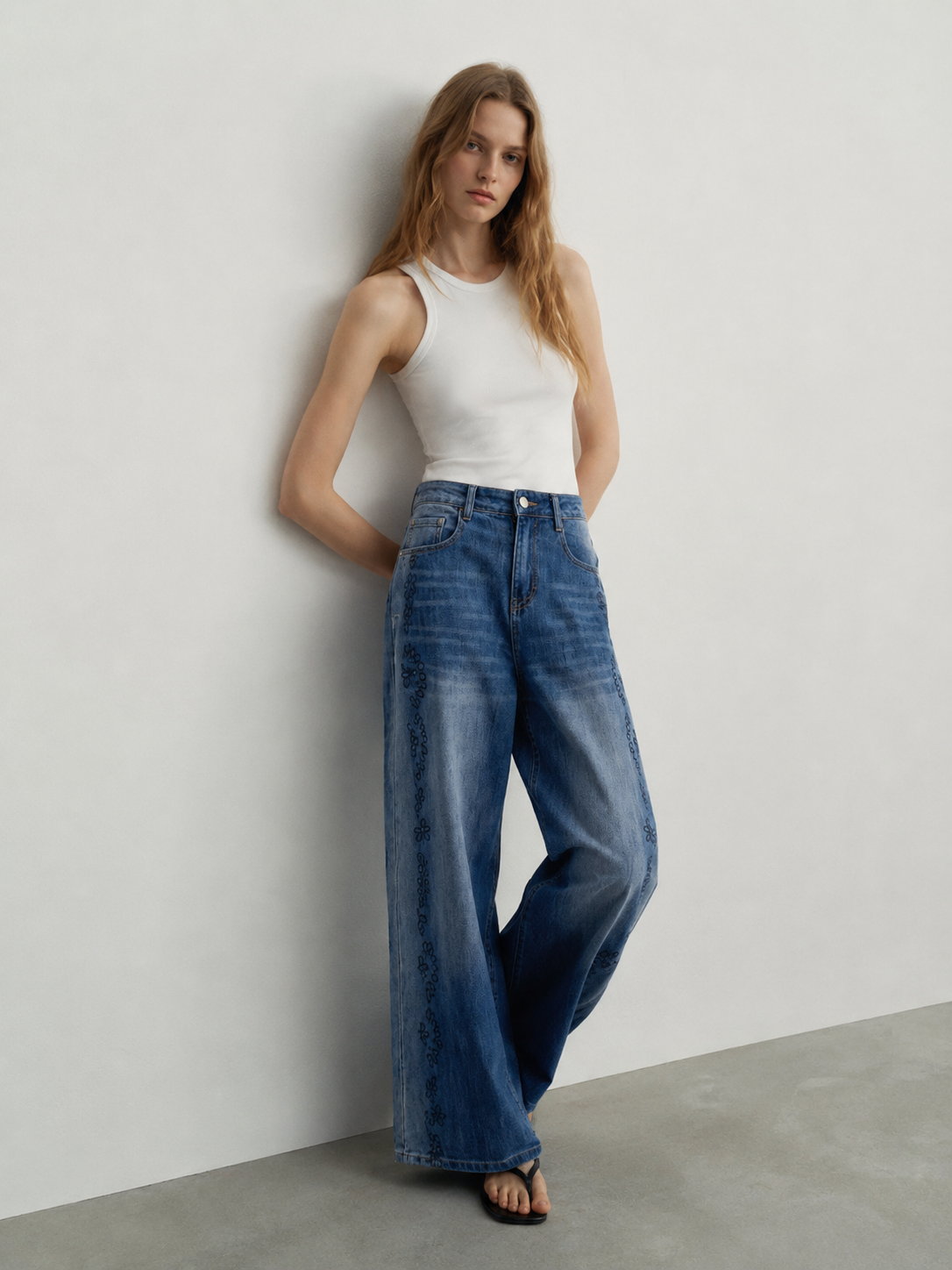 Boho Chic Laser Printed Wide Leg Jeans High Waist Side Pattern Statement Denim ZY6029