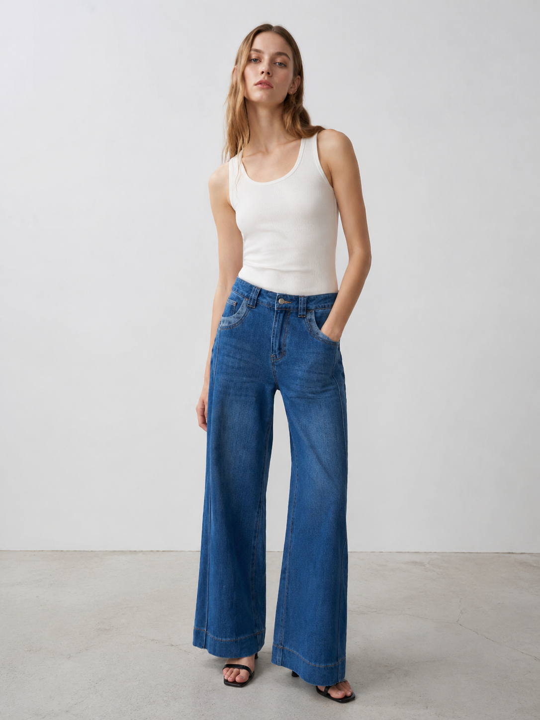Women's Baggy Wide Leg Denim Jeans | Vintage Washed Contrast Pocket Street Style – OEM Wholesale ZY6030