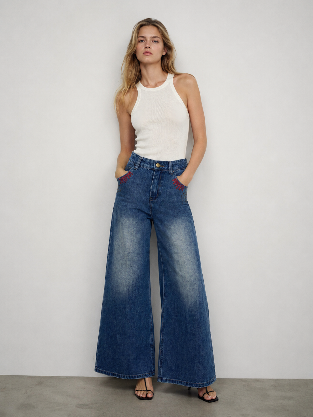 Boho Embroidered High Waist Wide Leg Jeans ZY6032