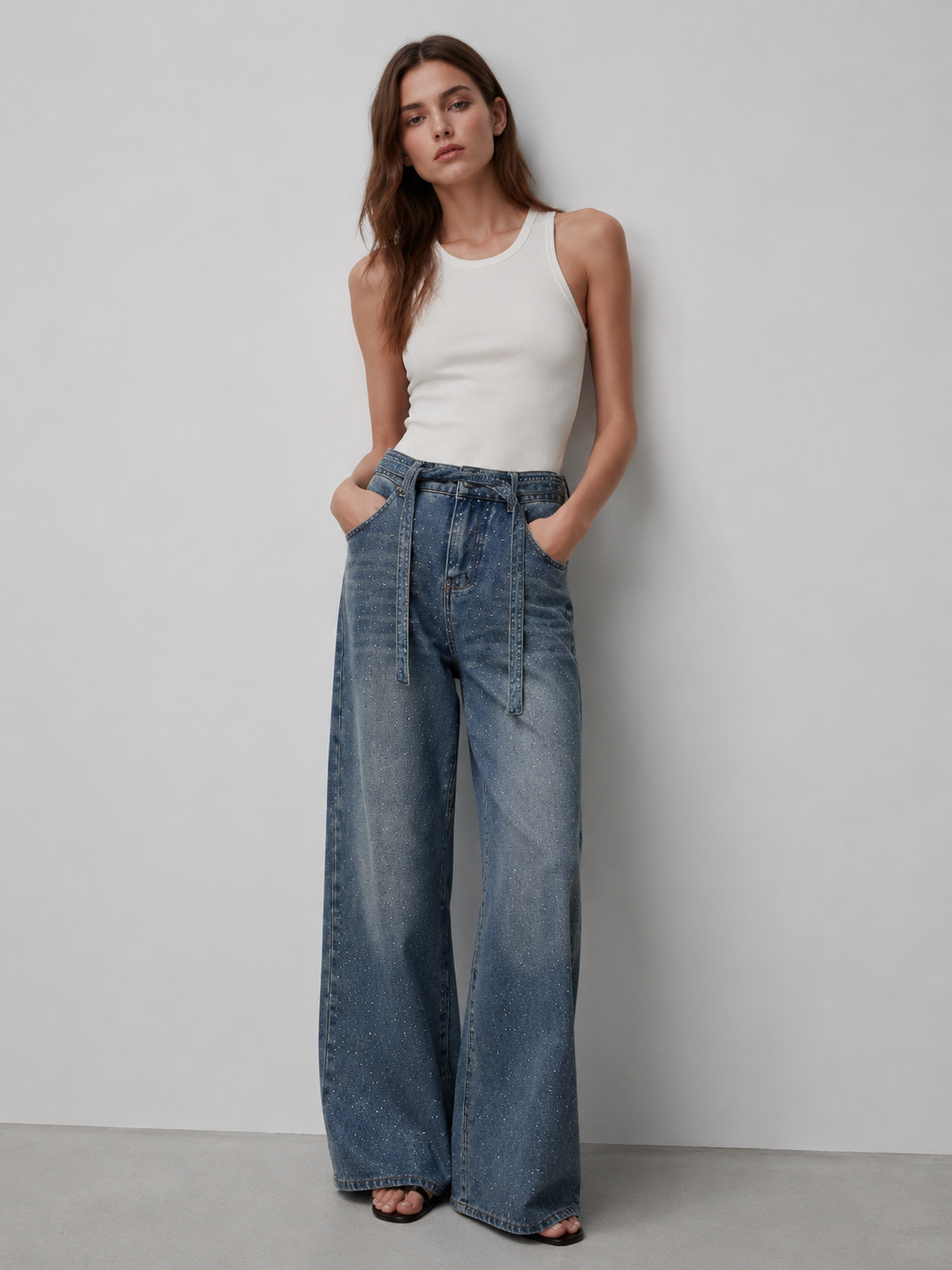 Women's Crystal Embellished Baggy High Waisted Denim Jeans ZY6035
