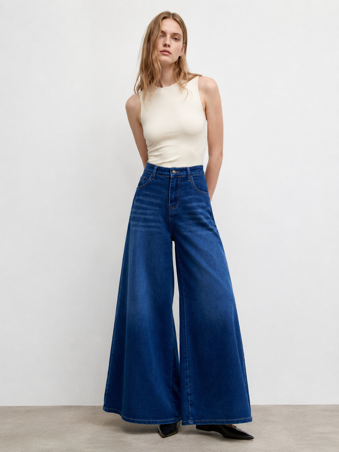 Women's High Waisted Wide Leg Deep Blue Denim Jeans ZY6059