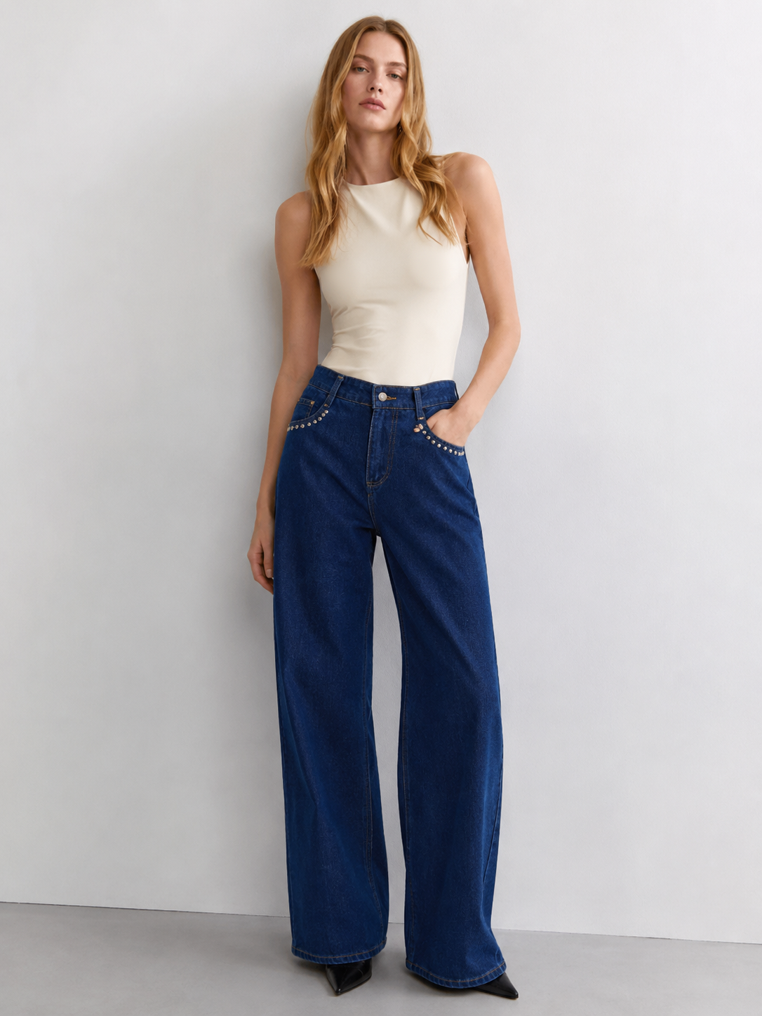 Women's Dark Blue High Rise Wide Leg Jeans with Rhinestone Detail ZY6064