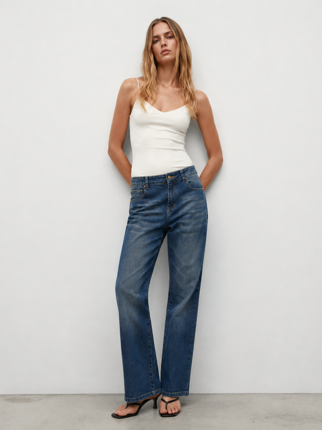 High Waist Medium Wash Straight Leg Denim Jeans for Women ZY6068