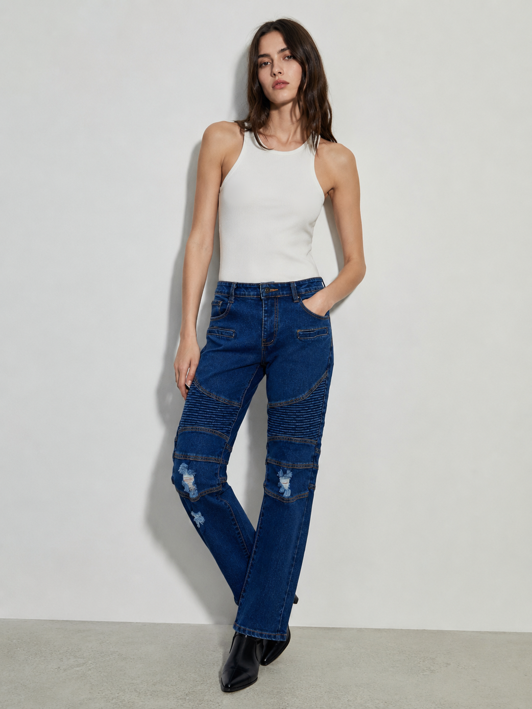 High-Waist Distressed Indigo Denim Pants with Ribbed Panel and Ripped Knees ZY6070