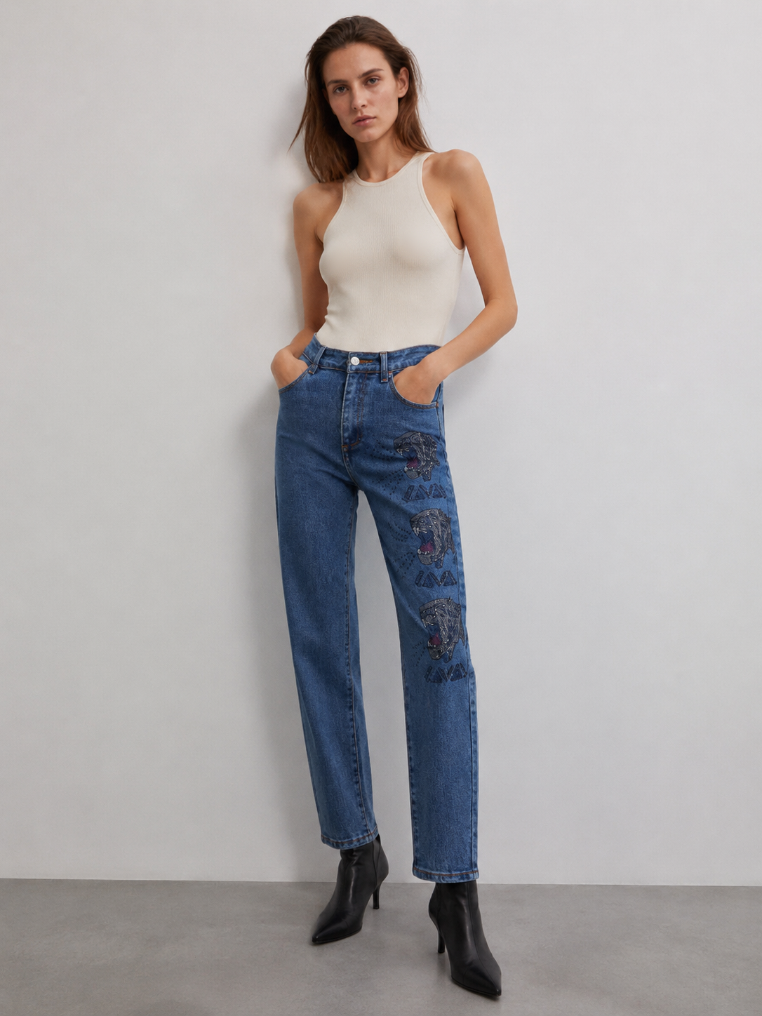 Y2K Rhinestone Tiger Pattern High Waisted Slim Jeans for Women ZY6071
