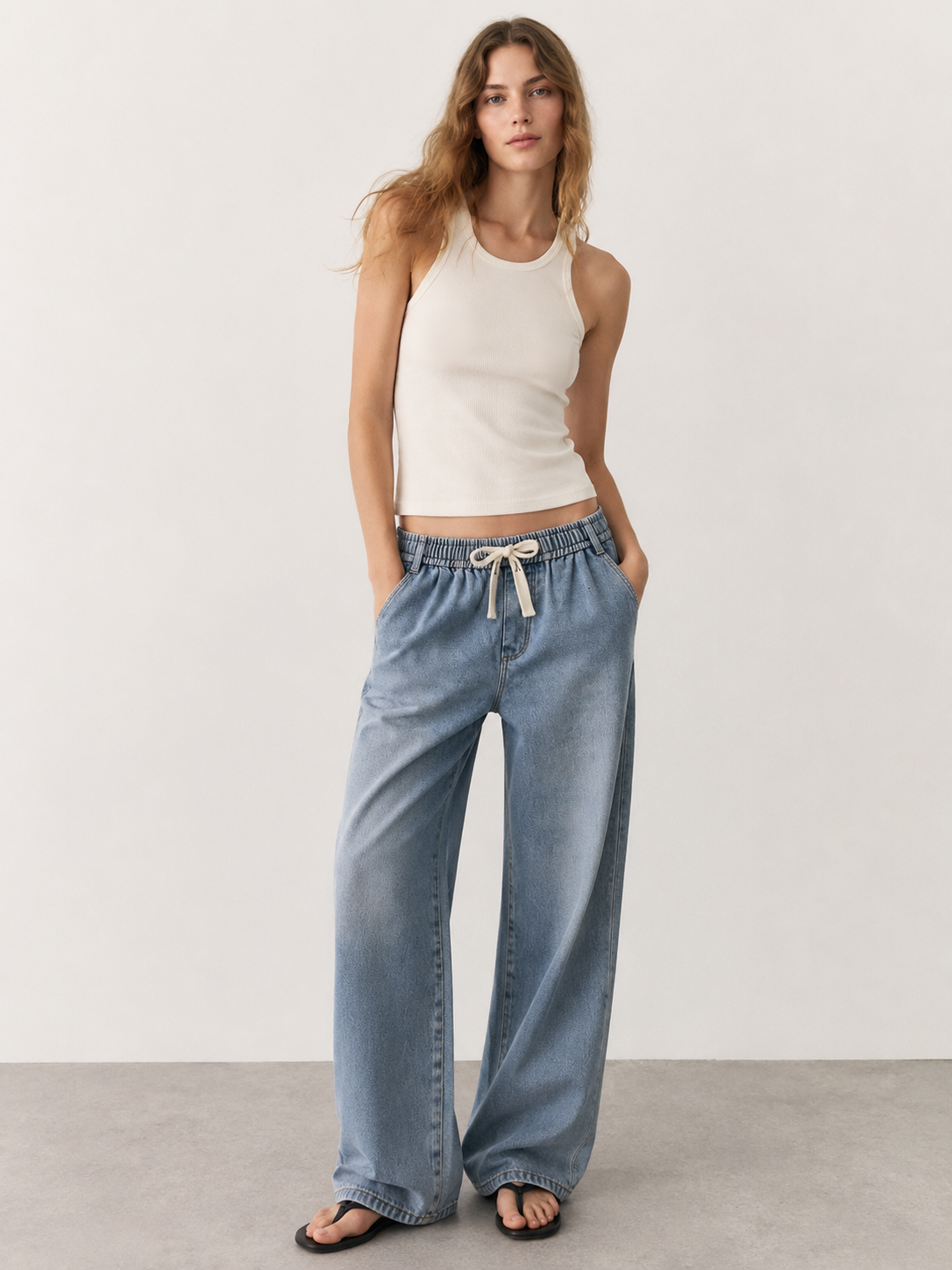 Casual Clean Wash Pull-On Elastic Waist Denim Trousers Wholesale ZY6075
