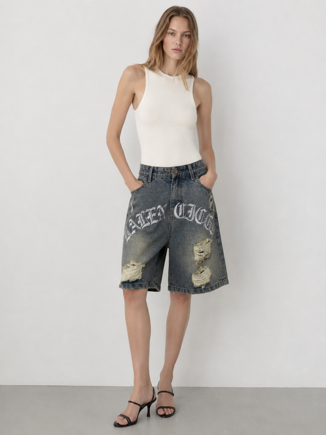 Y2K Streetwear Gothic Embroidery Baggy Denim Shorts Vintage Ripped Jorts ZY6077