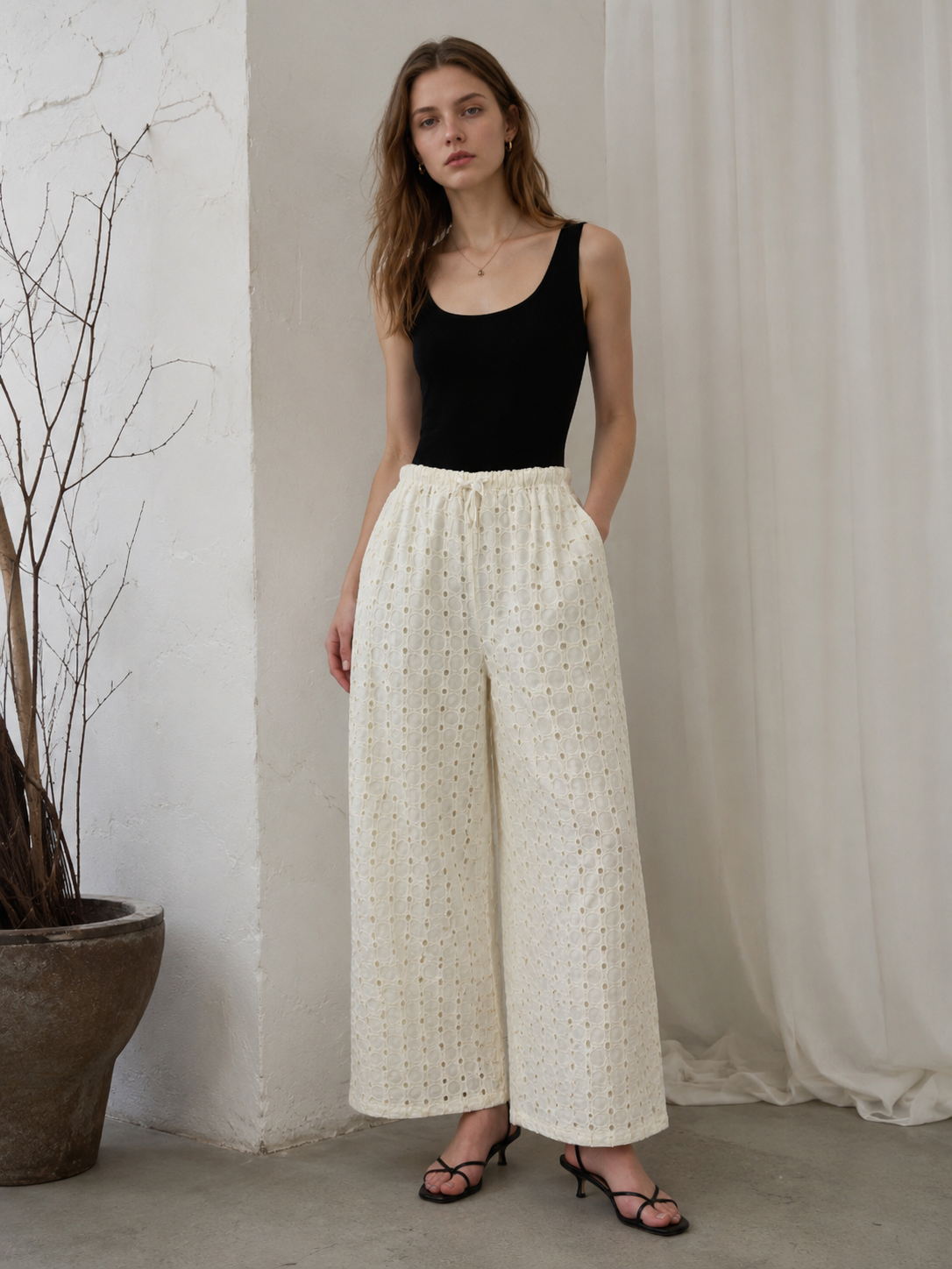 Women's Navy Geometric Circle Print Wide Leg Pants - Drawstring Waist Trousers  AN-710013