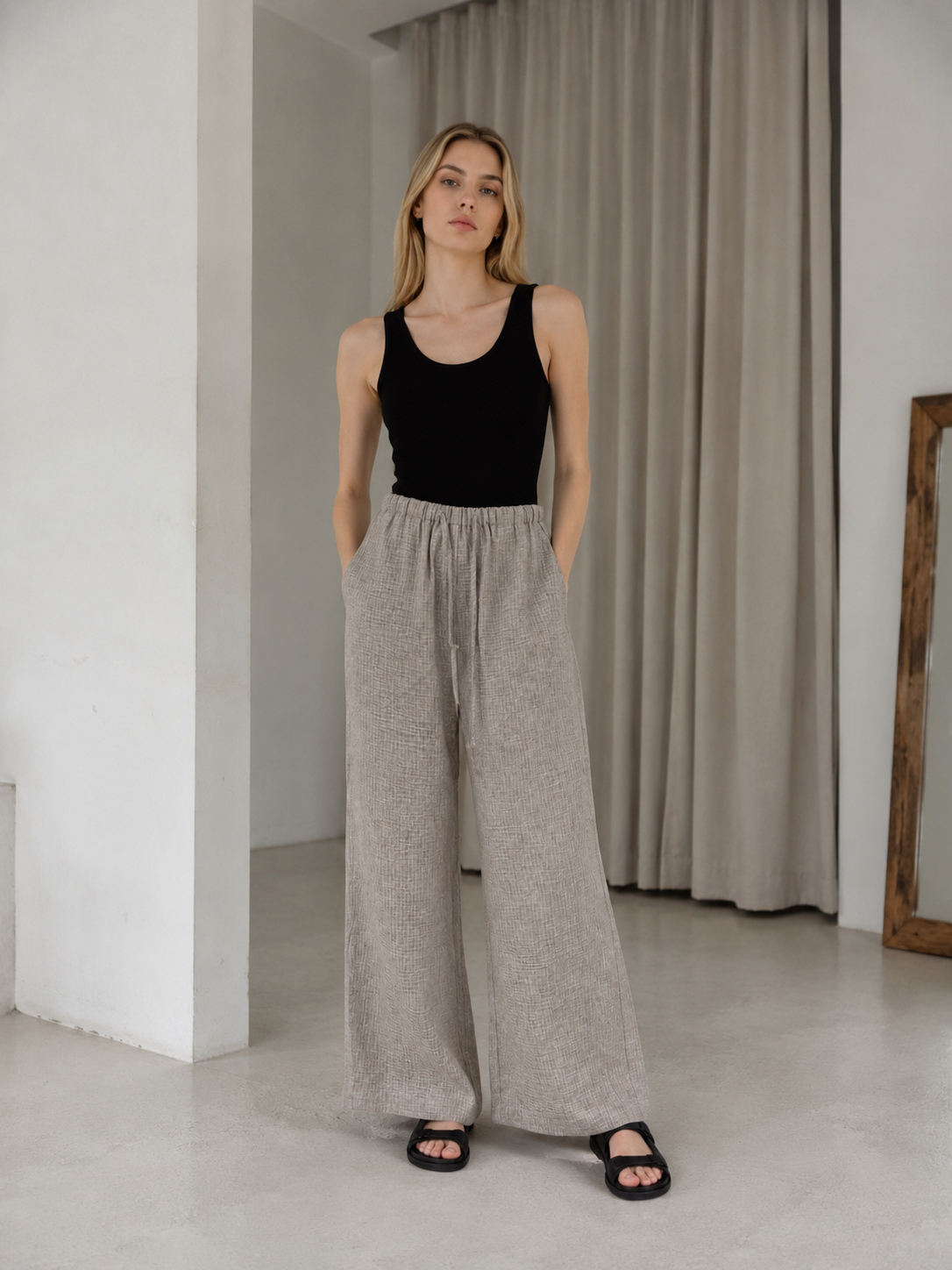 Women's Khaki Textured Drawstring Wide Leg Pants - Relaxed Fit Trousers  S-2543