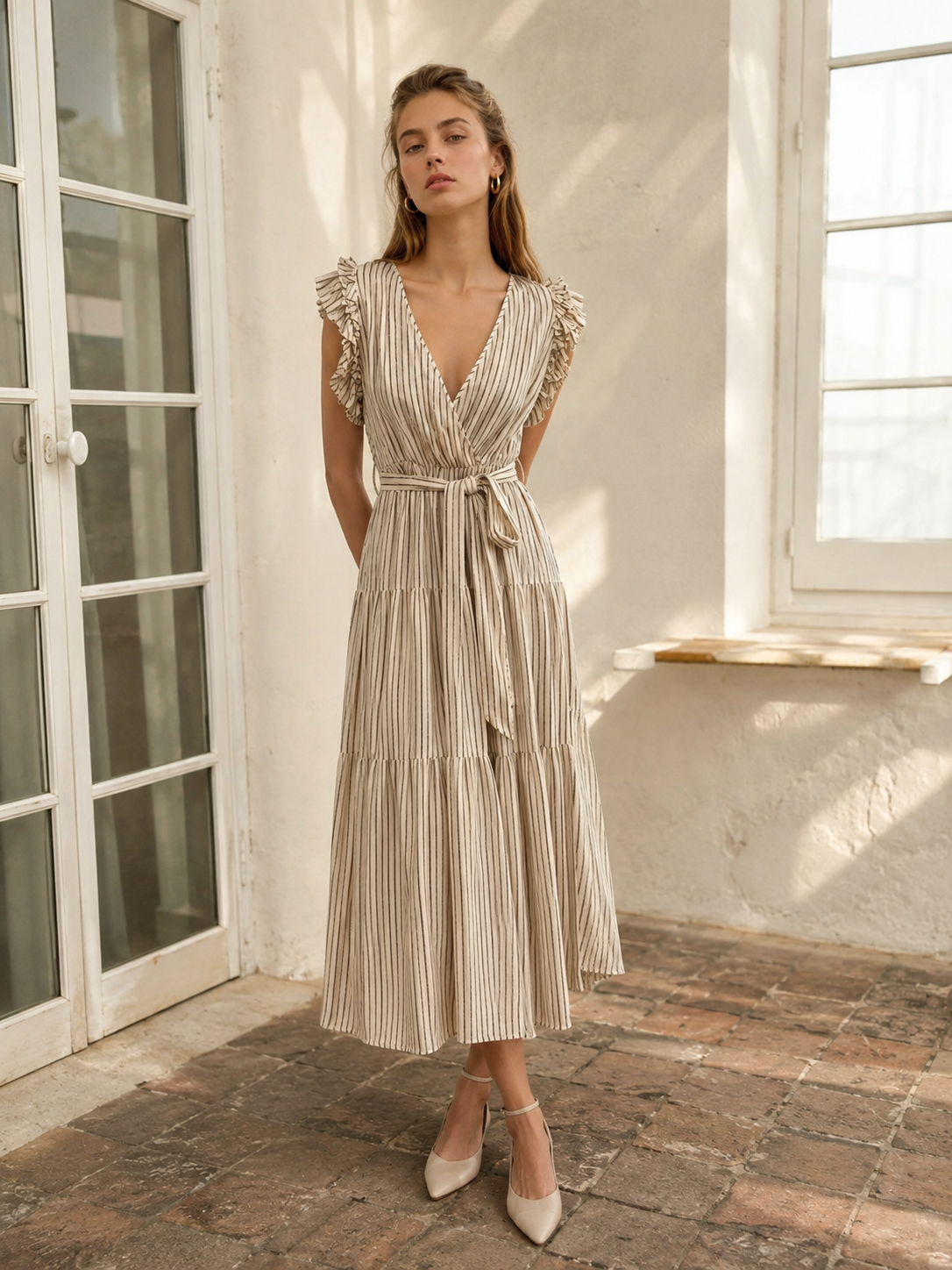 French Riviera Style Striped Ruffle Dress - V  Y-40613