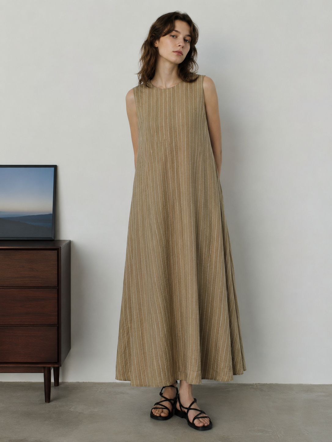 Minimalist Striped Linen Blend A-Line Dress with Back Slit C-42198