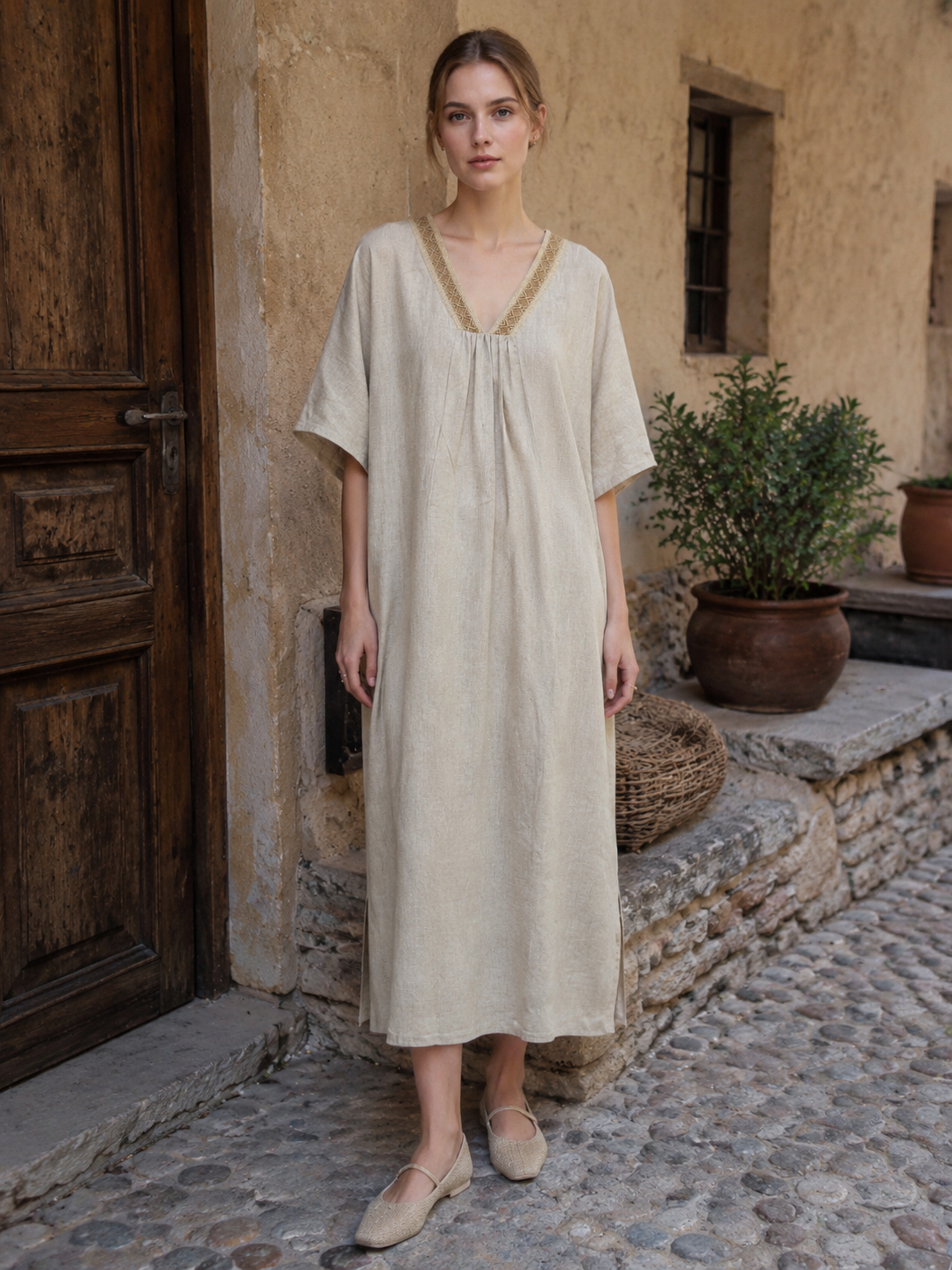 Minimalist Linen Look V-Neck Midi Dress – Women’s Casual Resort Style C-42326
