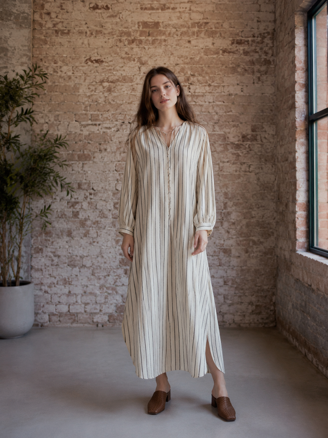 Casual Striped Linen Blend Midi Dress with V-Neck Tie C-42199