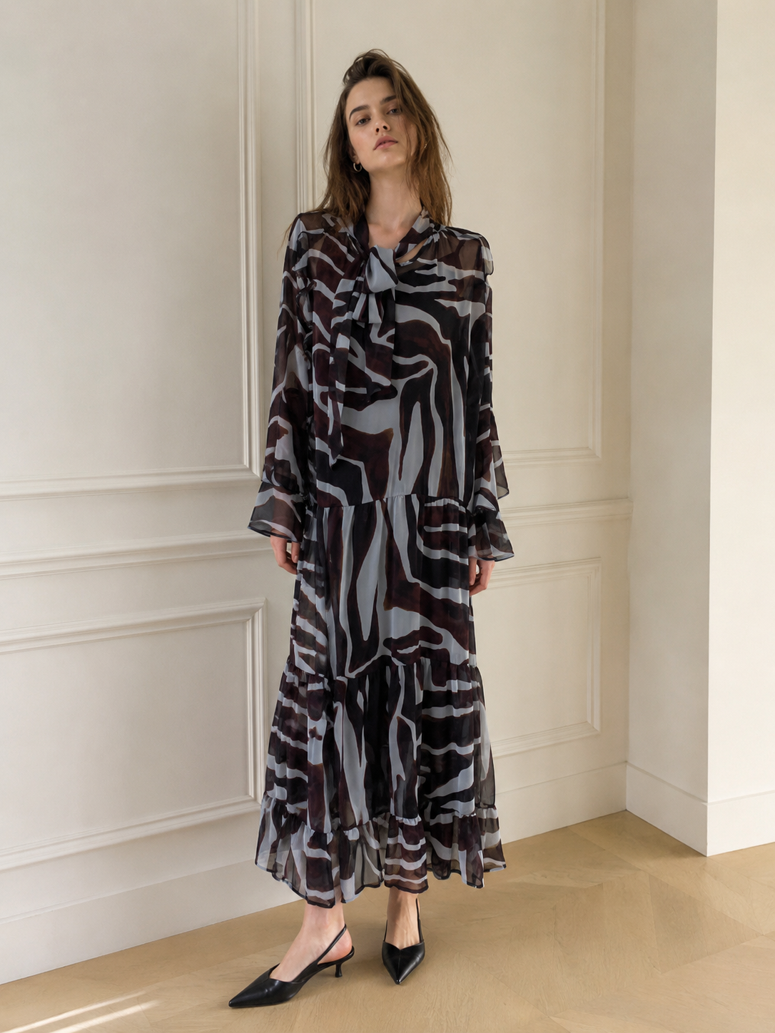 Women’s Animal Print Tie Neck Chiffon Long Sleeve Maxi Dress XW-251208