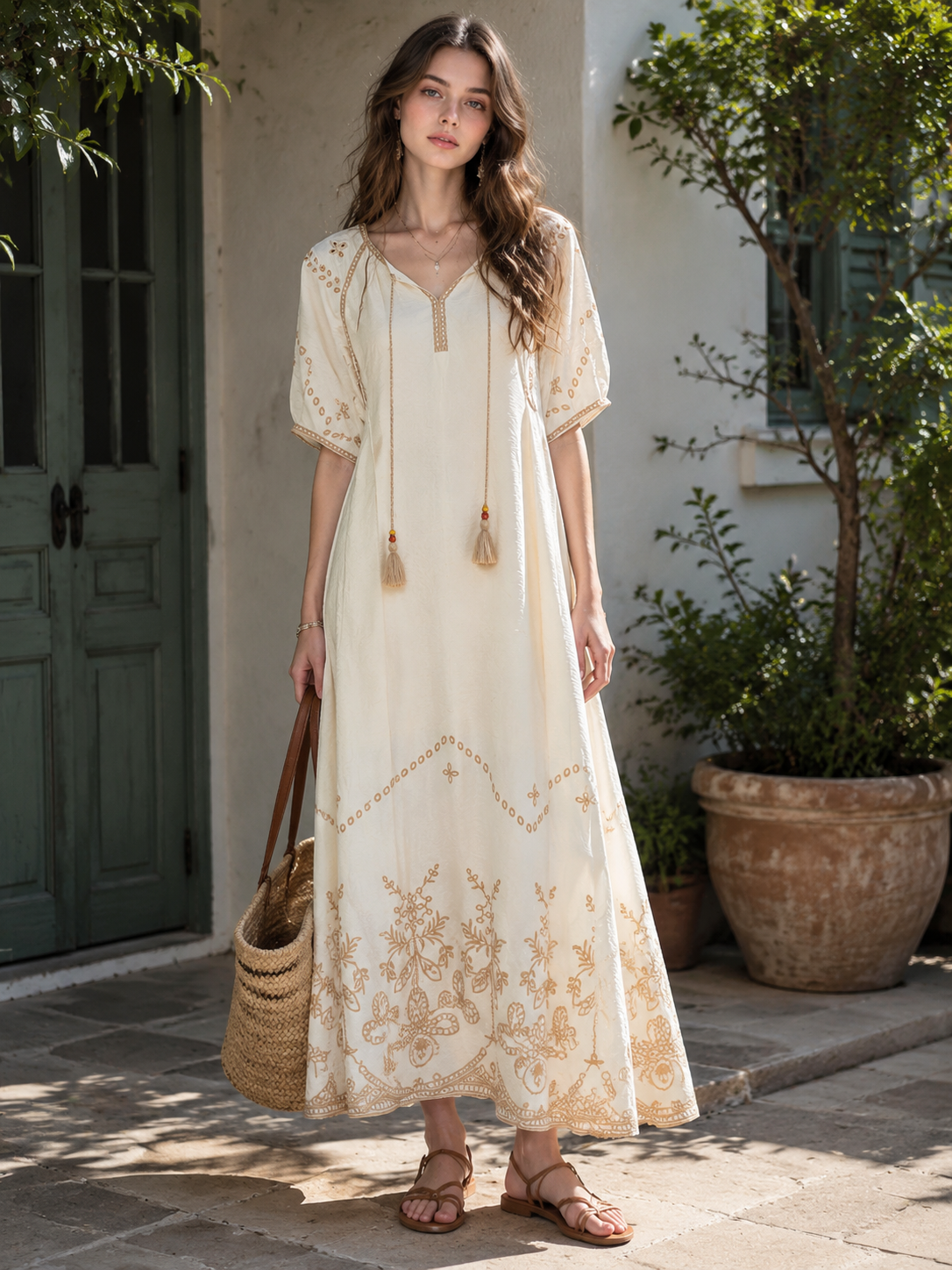 Elegant Ivory Embroidered Long Gown - Vintage Style with Beaded Neck Tassels W-42676