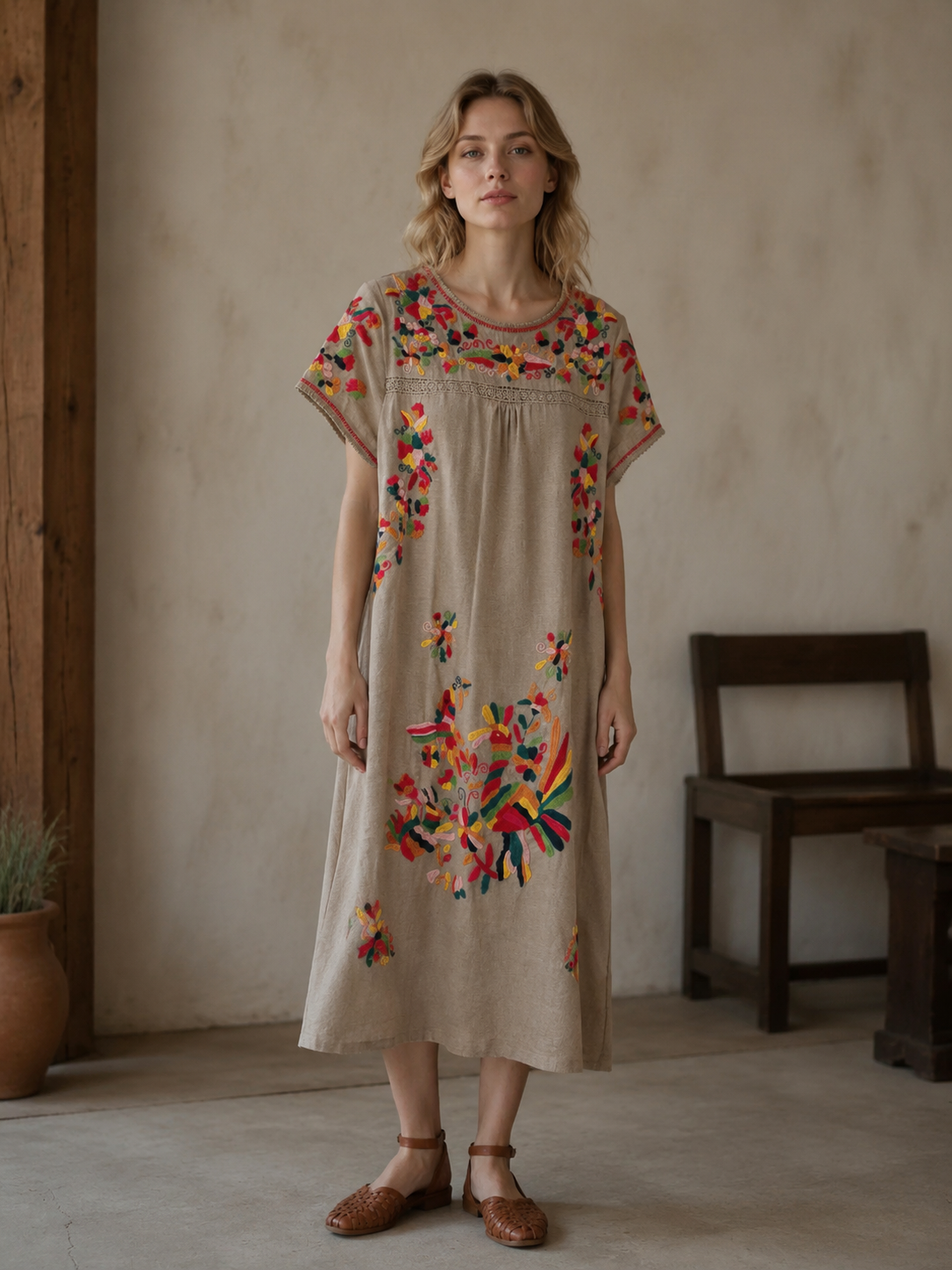 Summer Resort Linen-Look Midi Dress - Handcrafted Floral Pattern on Earthy Tone W-42704