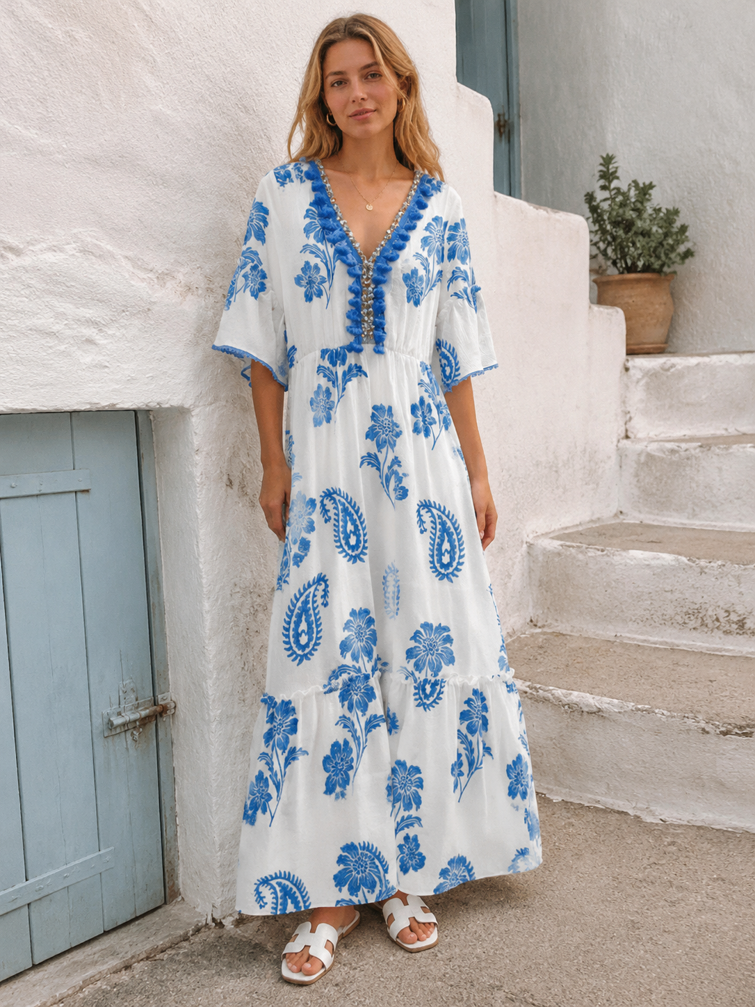 White & Blue Paisley Floral Print Boho Maxi Dress with Beaded Tassel V-Neck – Cotton Linen Resort Beach Wear W-42665