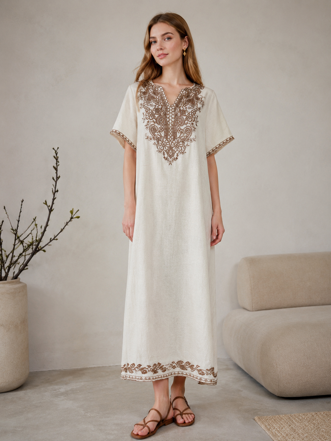 Boho Embroidered Linen-Look Maxi Dress W-42937