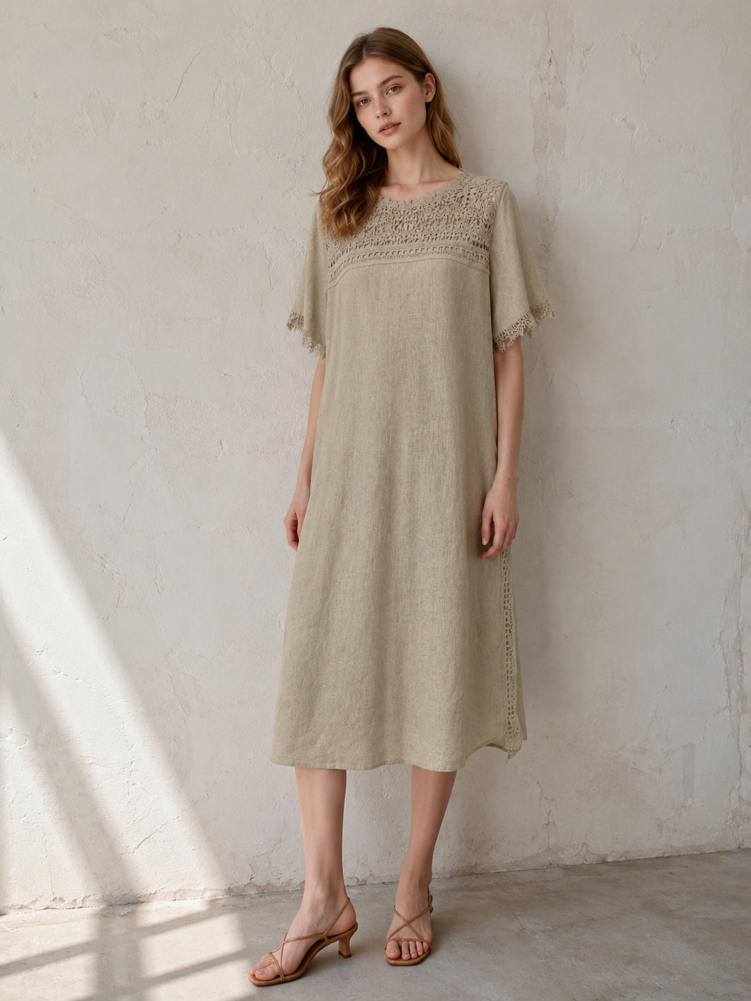 Women’s Linen Midi Dress – Lace Yoke Loose Boho Summer Dress W-42901