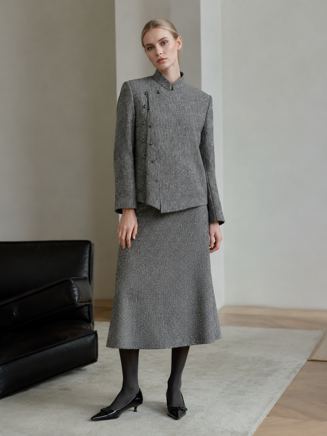 Classic Grey Herringbone Jacket - Chinese Style Stand Collar Diagonal Button Casual Coat 87981