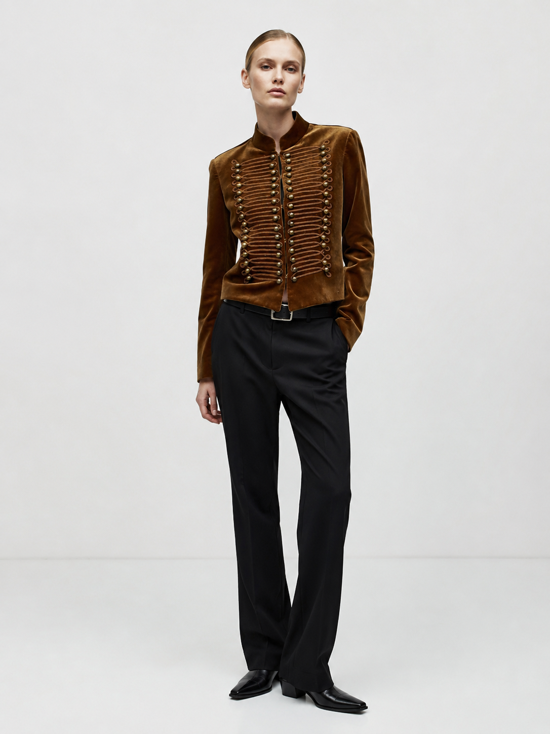 Chic Brown Velvet Parade Jacket - Double Row Button & Rope Trim Short Blazer W-39347