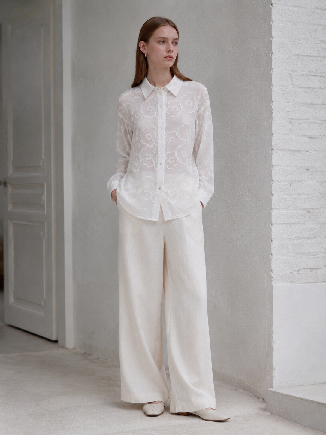 Casual Chic Sheer Floral Shirt - White 3D Flower Embroidered Button Up Blouse  C-41064