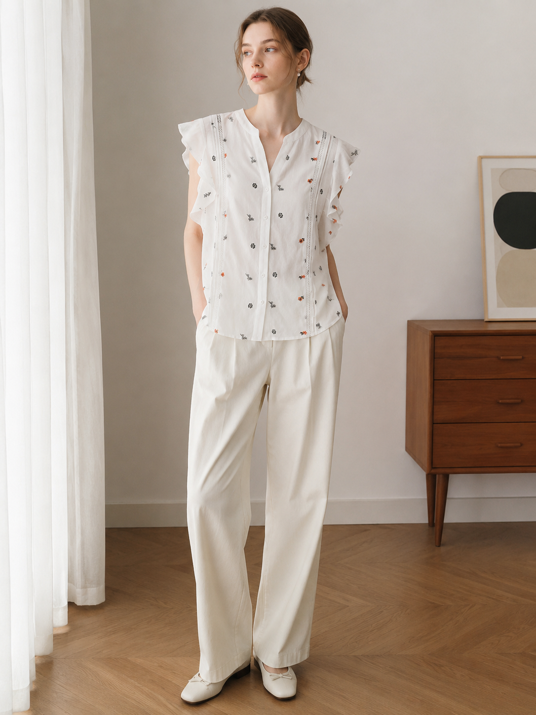 Women’s Floral Embroidered Ruffle Sleeve Button Blouse AN-760011