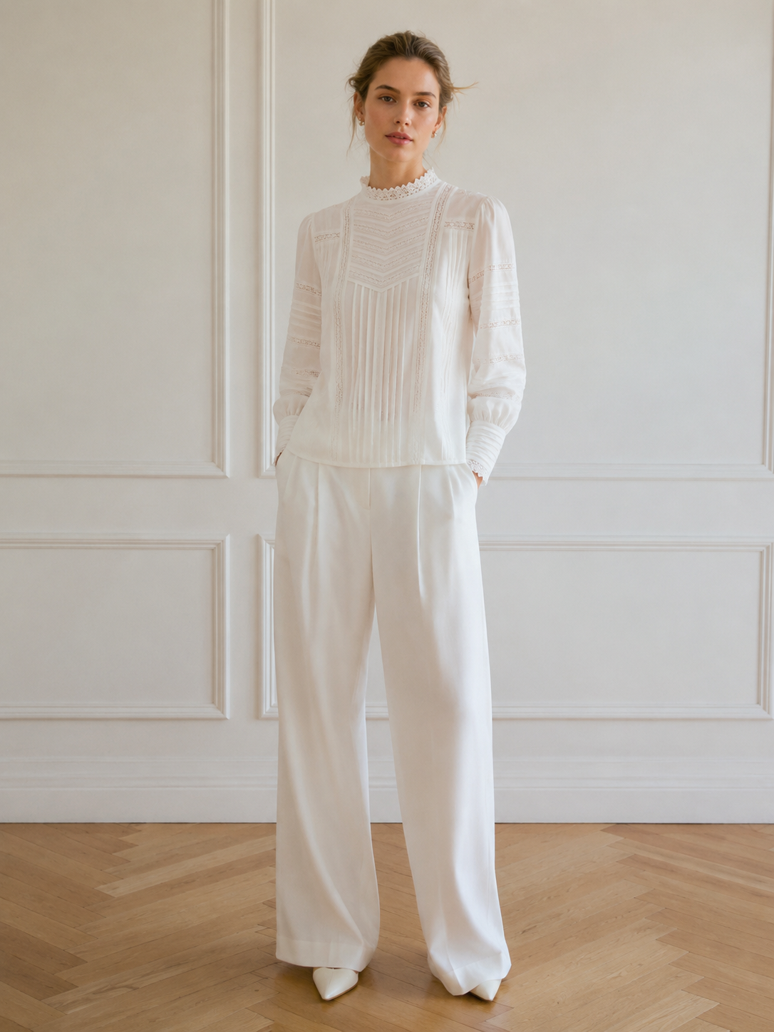 Women’s Vintage Lace Pintuck Long Sleeve Blouse AN-760003