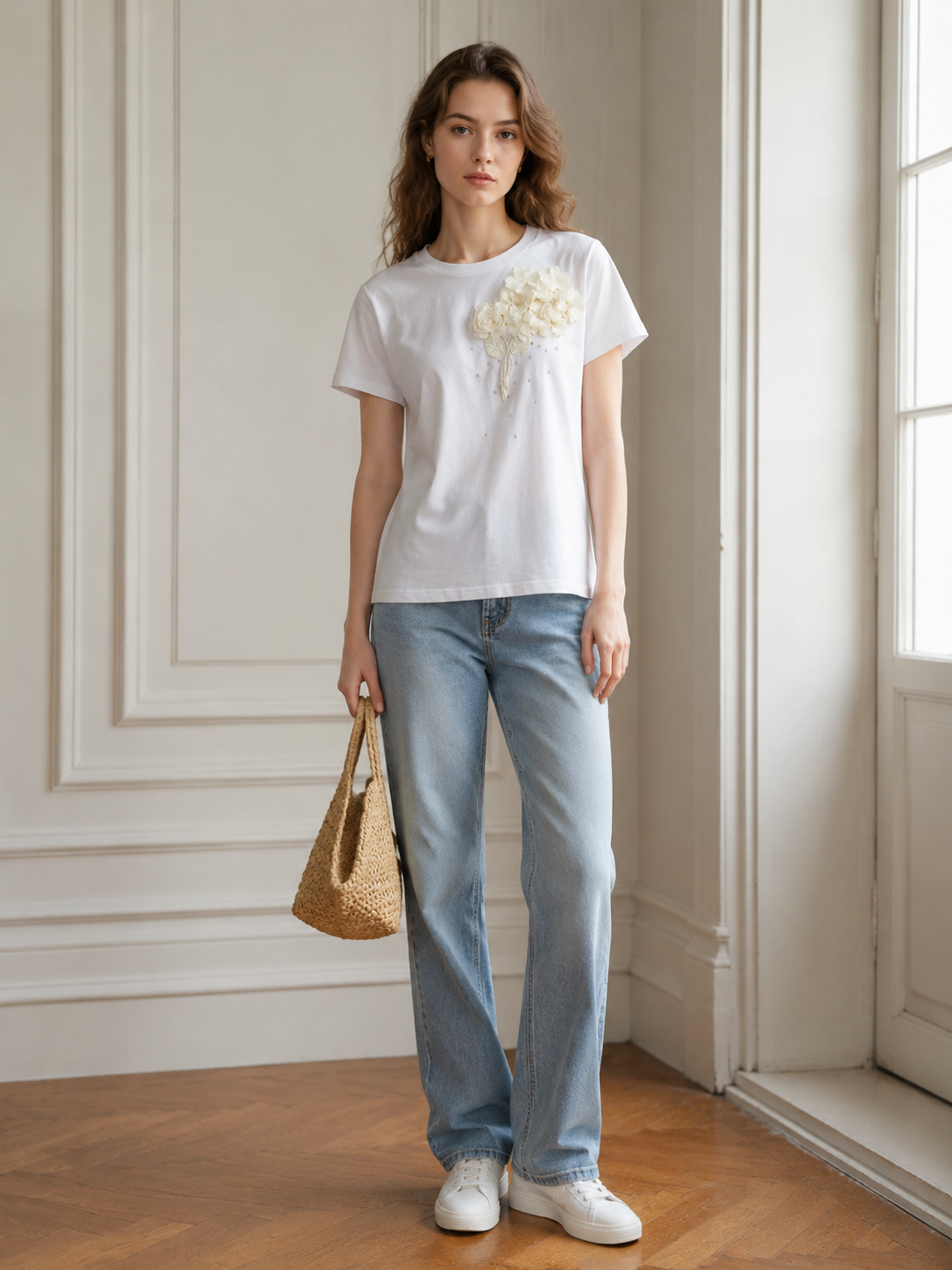 Women’s 3D Floral Rhinestone Embellished Short Sleeve T‑Shirt  M-42130-4