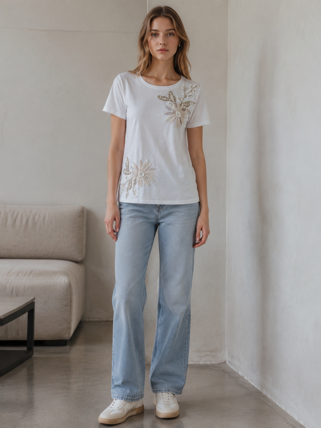 Women’s Embellished T Shirt – Floral Sequin Beaded Casual Summer Top M-42130-5