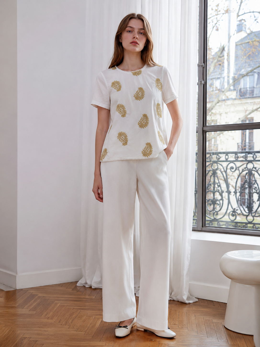 Women’s Boho Leaf Embroidered Pom Pom Short Sleeve Top D-42420