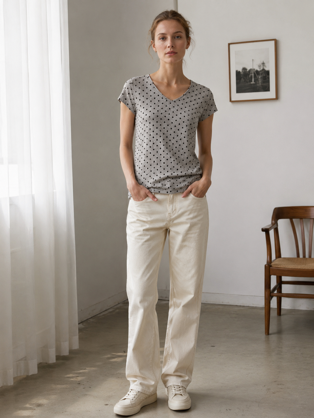 Casual Polka Dot V-Neck Short Sleeve T-shirt – Soft Everyday Loose Fit C-42408