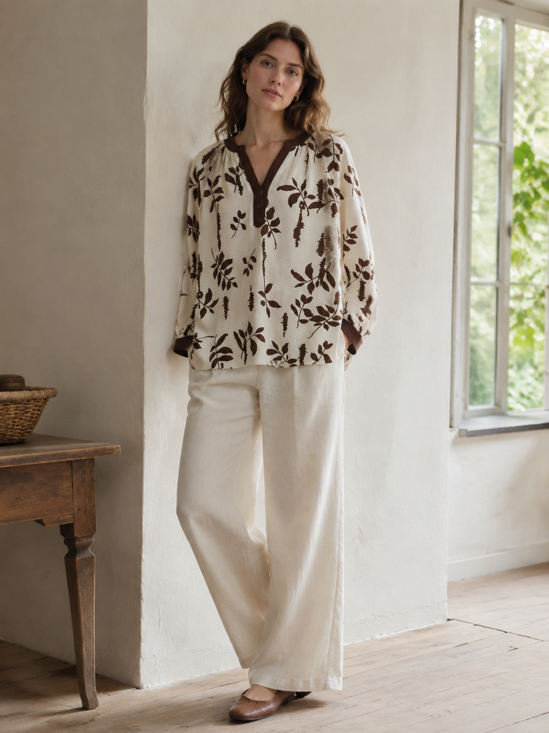 Chic Earthy Botanical Print Long Sleeve Blouse with Contrast V-Neck A-42170