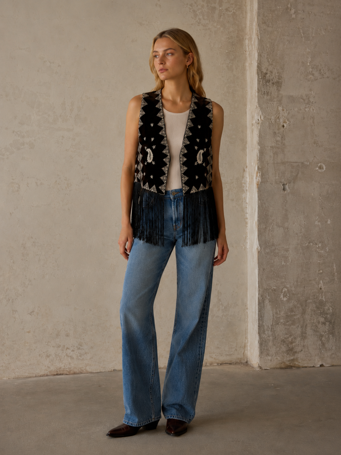 Boho Brown Velvet Embroidered Fringe Vest W-33701