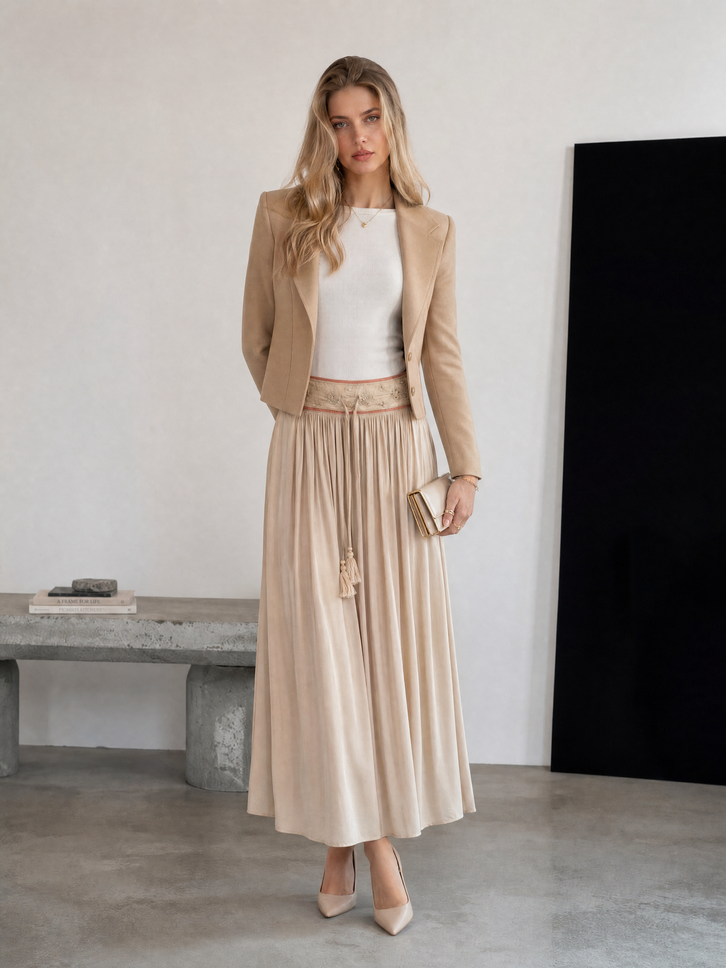 Ethnic Style Embroidered Skirt - Beige High Waist Tassel Trim Boho Maxi Skirt  AW-R290026