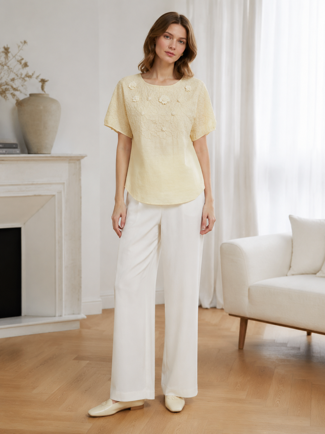 Summer Floral Embroidered Short Sleeve Top W-42661