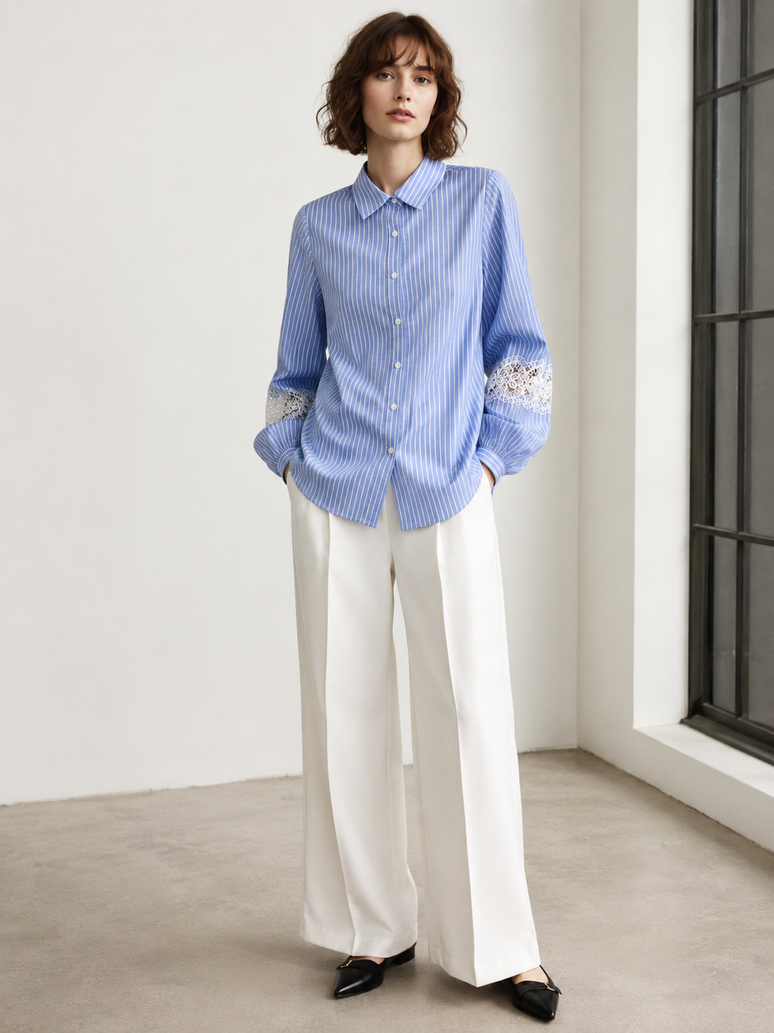 Women’s Striped Lace Sleeve Button Down Casual Blouse C-39756