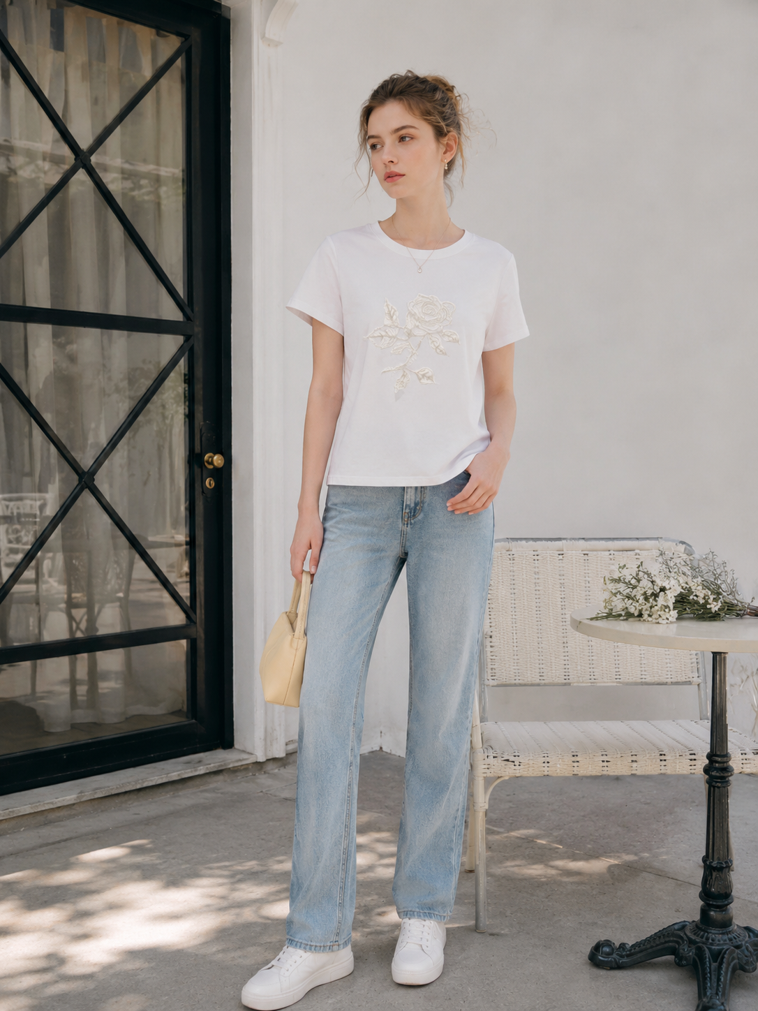 Women’s 3D Rose Embroidered Cotton Short Sleeve T‑Shirt M-42130-2 