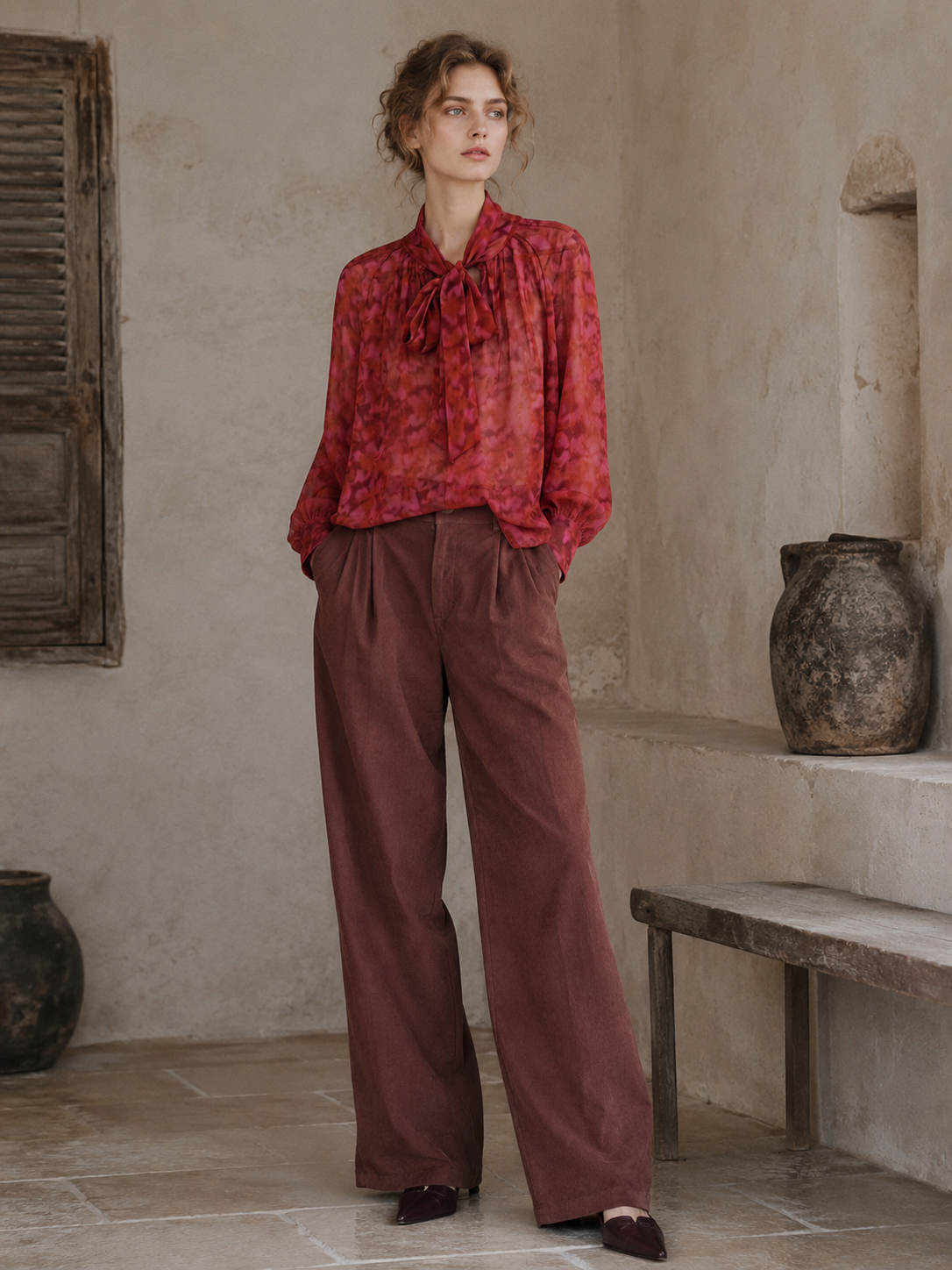 Women’s Printed Tie Neck Sheer Chiffon Long Sleeve Blouse XW-251209