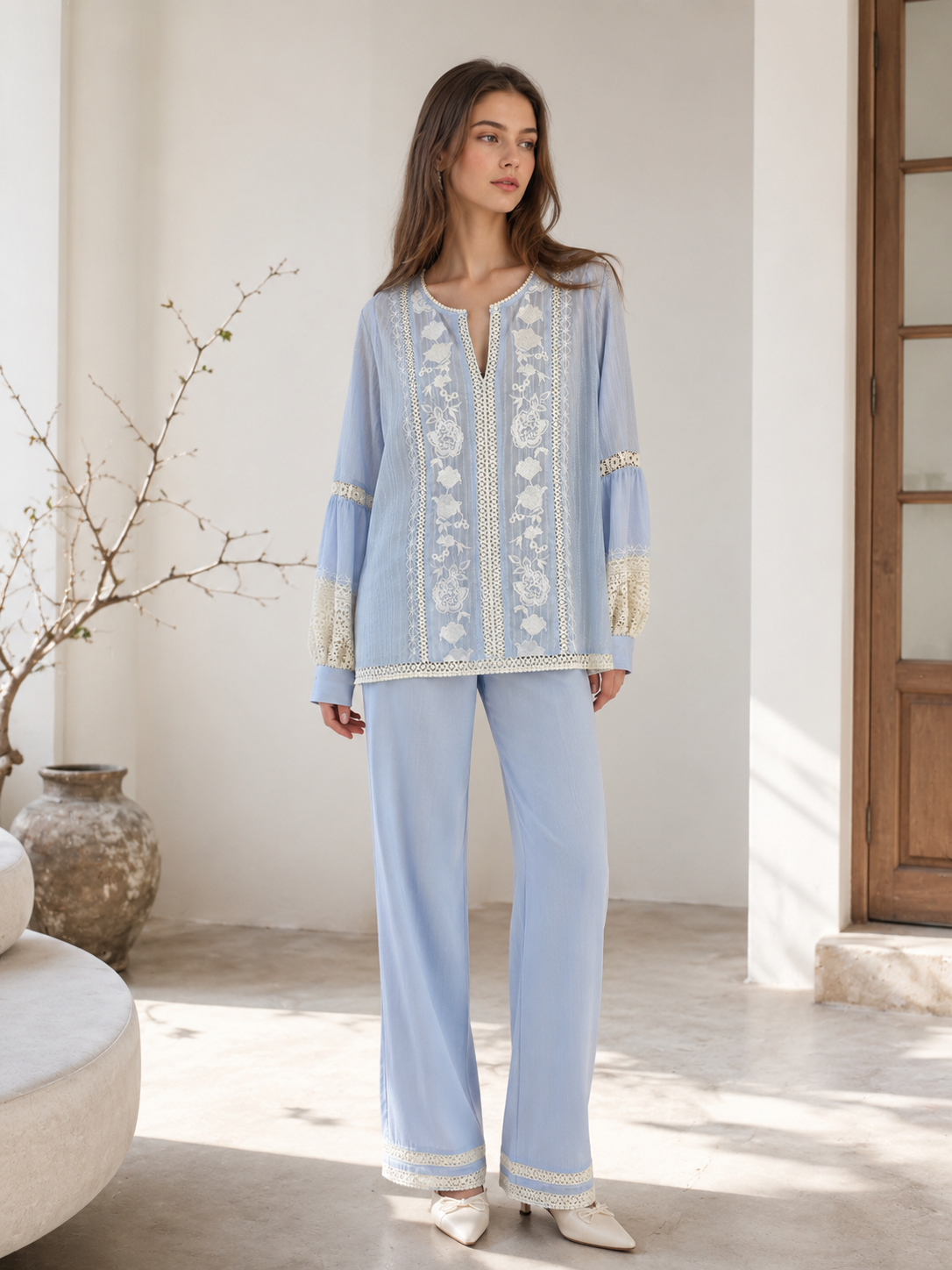 Women’s Boho Floral Embroidered Lace Patchwork Blouse W-26500