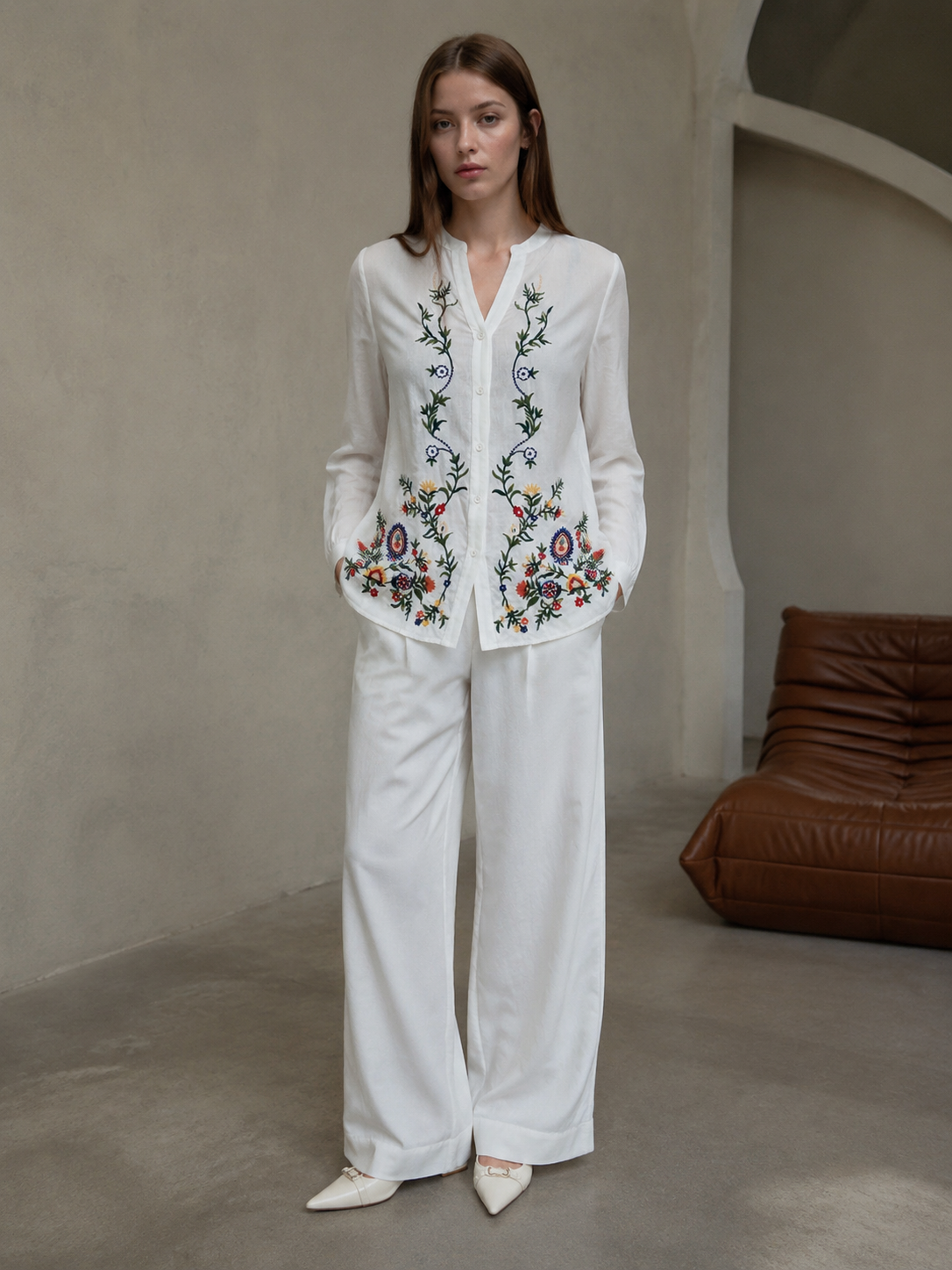 Boho Chic Long Sleeve Button Down Top - Ethnic Style Flower Embroidered Blouse D-39046