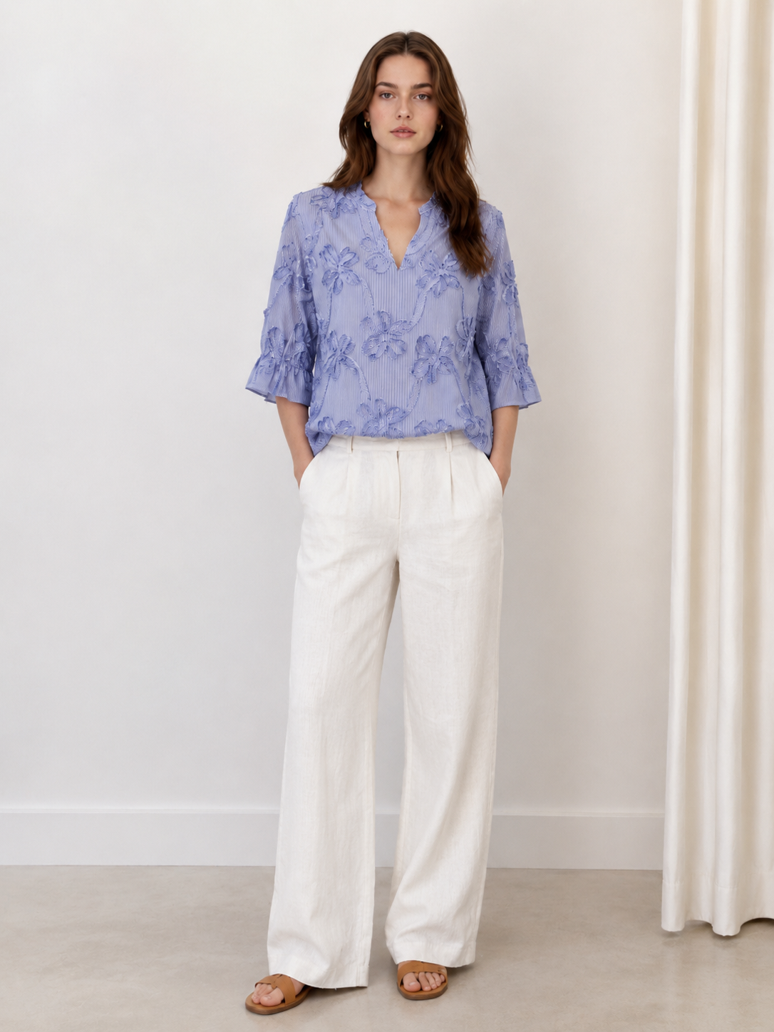 Women’s 3D Floral Applique Striped V Neck Blouse M-42190