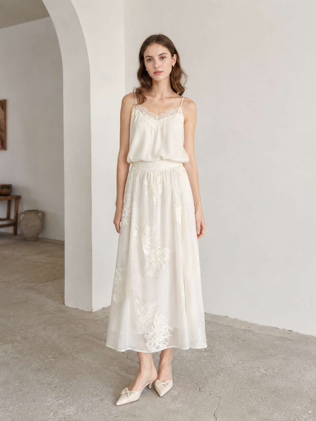 Summer casual set. A-Line Mesh Skirt - White Feather Embroidered Tulle Skirt  C-42444